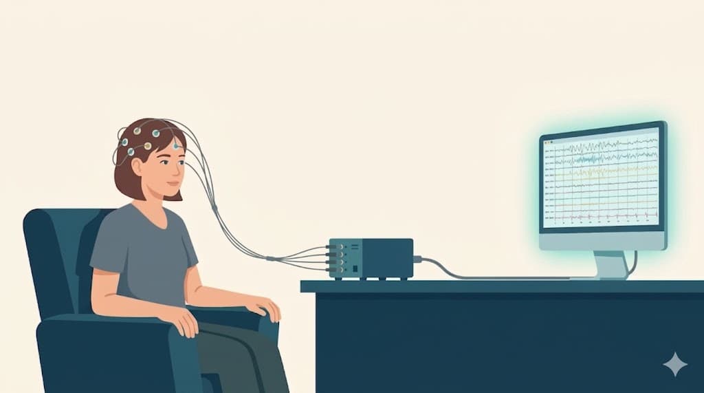 A neurofeedback session setup — chair, sensors, and screen
