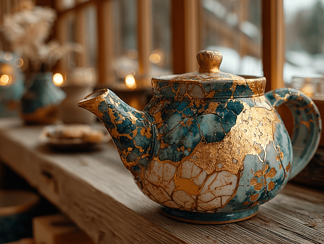 Kintsugi teapot, its cracks repaired with gold — nothing eliminated, everything honored